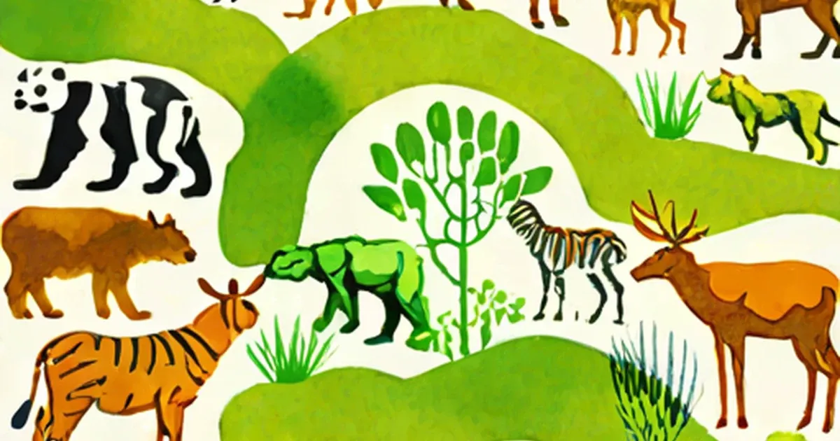 Illustrated animals including tiger, zebra, and bear among green plants