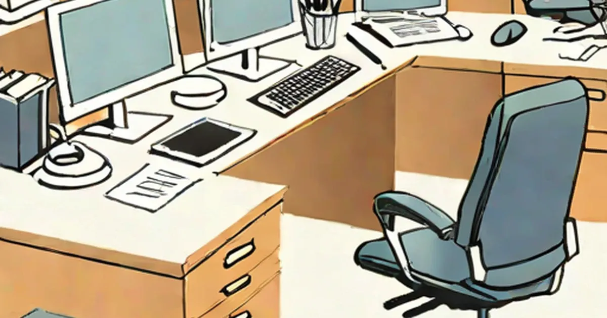 Blue office chair positioned at a wooden desk with computer setup and office supplies