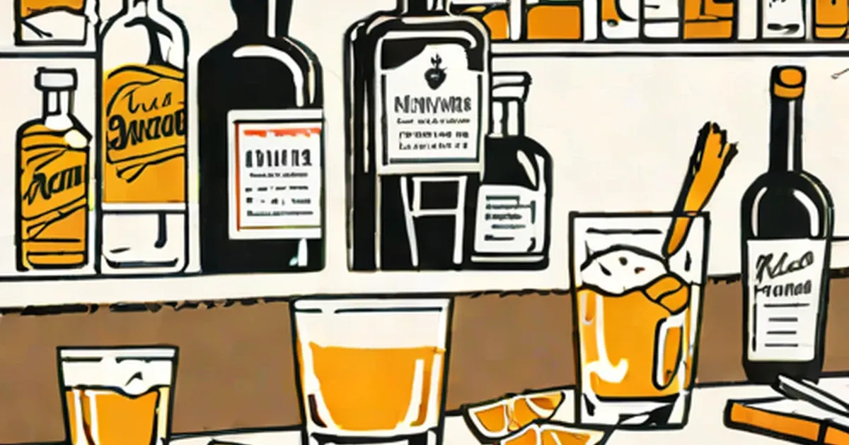 Home bar with bottles of spirits and golden cocktails garnished with orange slices