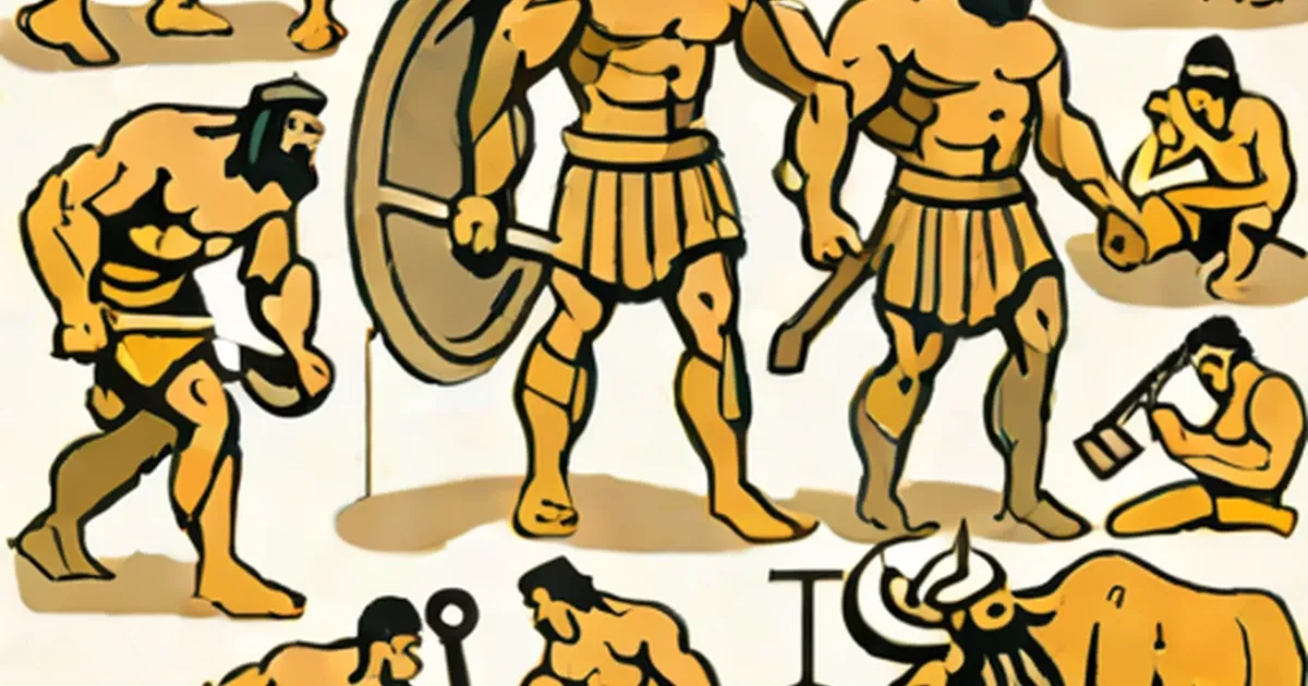 Illustrated scenes of warriors in classical armor performing feats with weapons and beasts