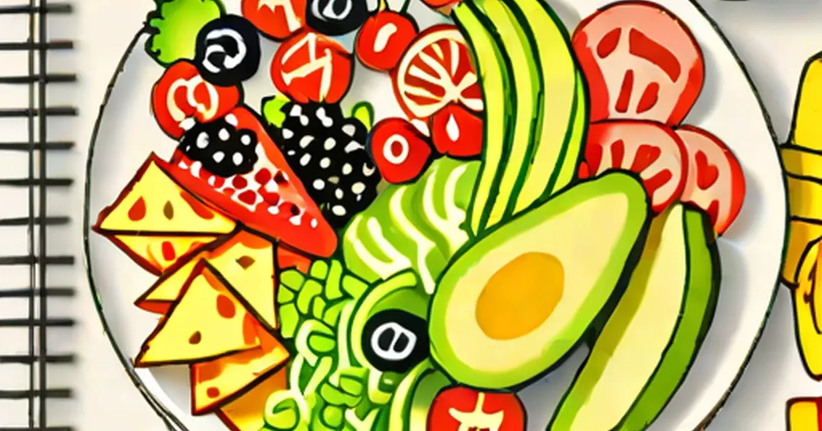 Illustrated plate containing avocado, tomatoes, cheese, lettuce, and berries