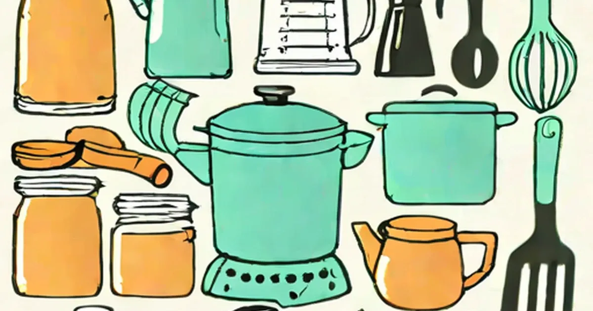 Illustration of kitchen cookware, utensils, and storage containers in green and orange