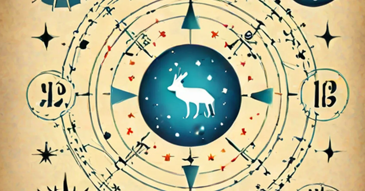 Circular zodiac wheel with white deer at center and astrological symbols on tan background