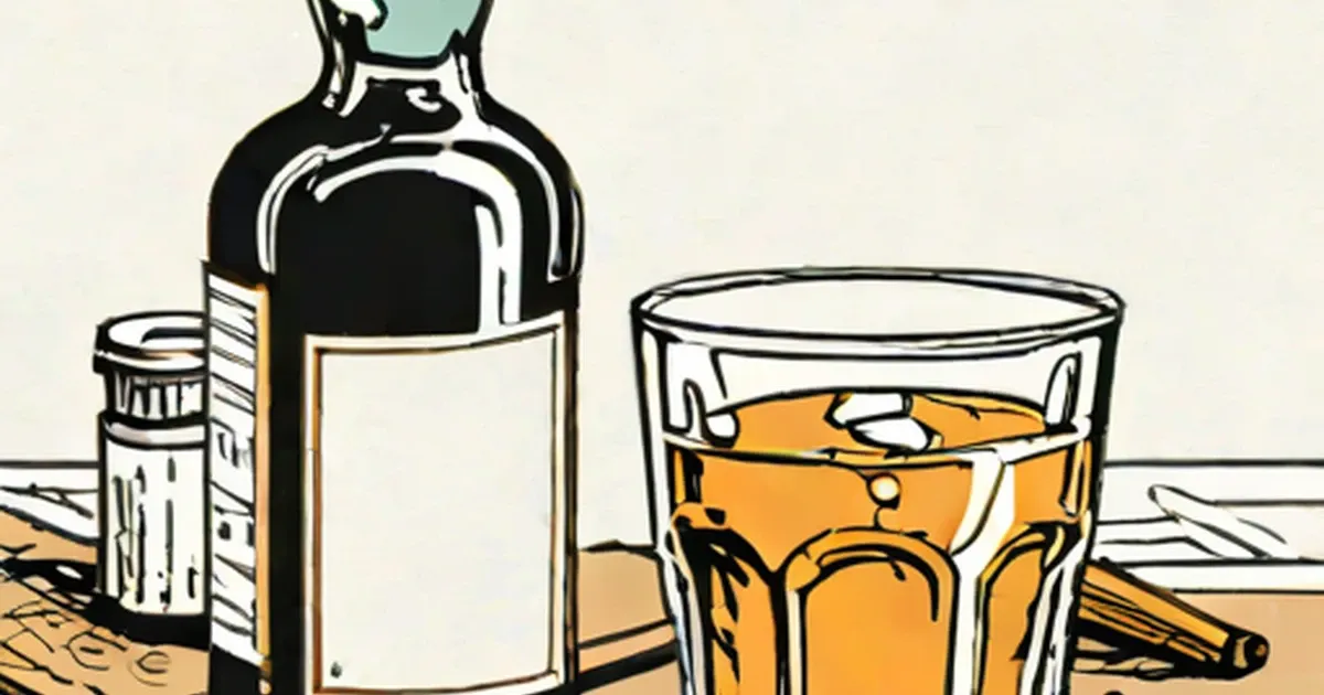 A bottle with blank label and glass of whiskey with ice cubes