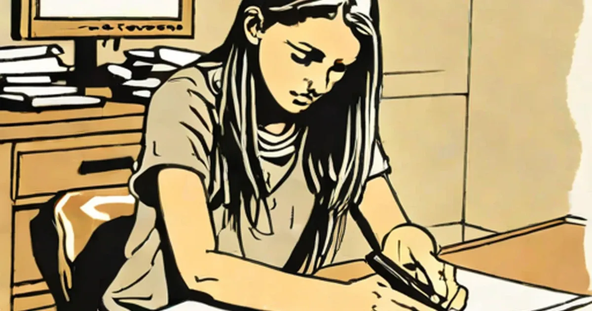 Young girl seated at a desk looking at papers