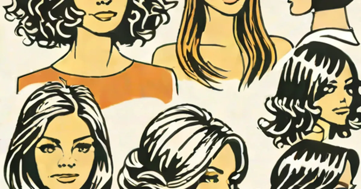 Illustration of women with curled perms, layered bobs, side-swept bangs, and straight hair