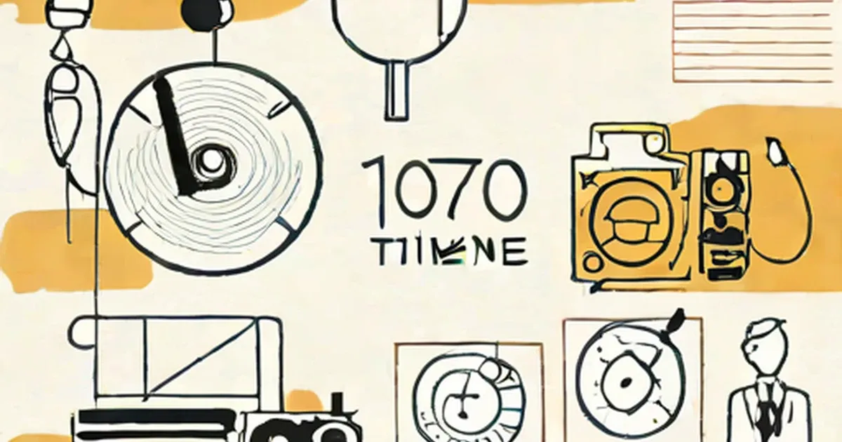 Vintage 1970s items illustrated in line art, including vinyl records, cameras, and headphones