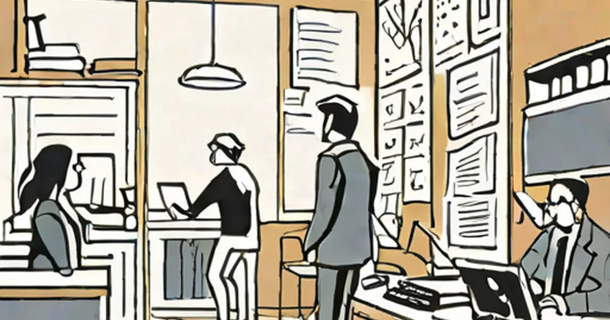 Busy office scene with workers at desks handling paperwork and using computers