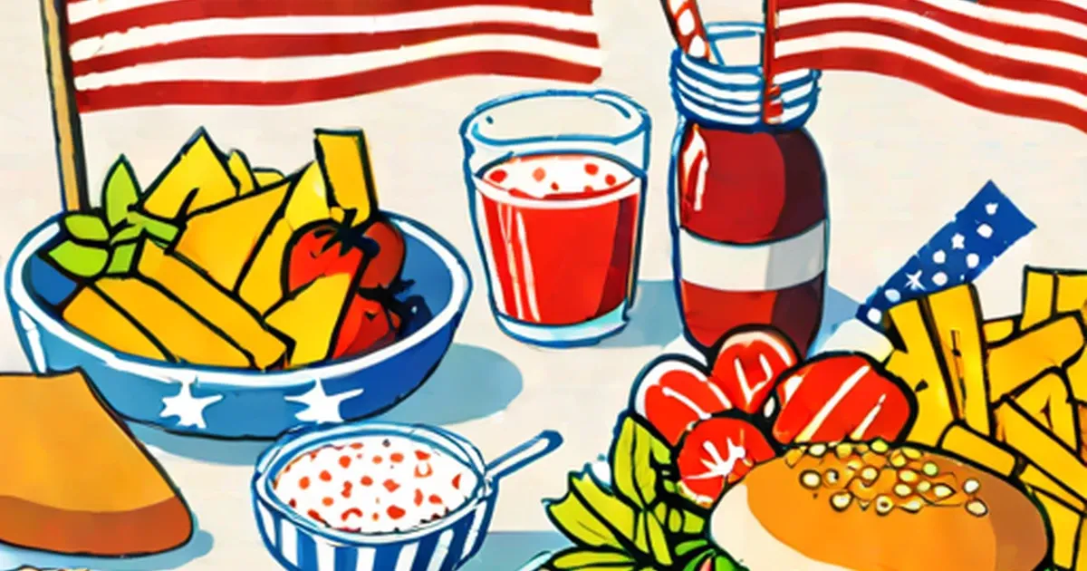 Illustration of burger, fries, tomatoes, and red drinks decorated with patriotic colors and stars