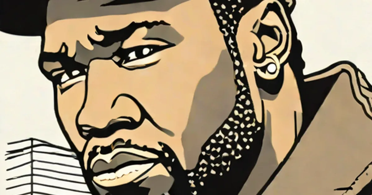 50 Cent holding an open book, illustrated in pop art style