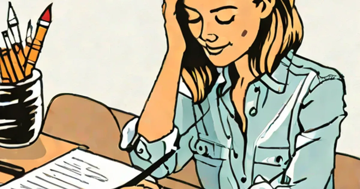 Blonde woman at desk holding pen, pencil holder nearby, smiling
