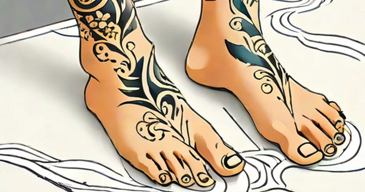 Two feet with ornate tattoo designs featuring butterflies and floral patterns