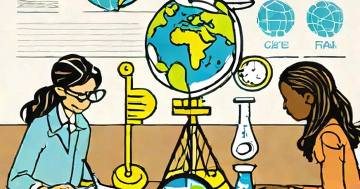 Two students examine science fair projects with a globe and lab equipment