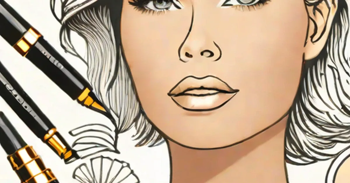 Illustrated woman with black and gold makeup brushes and eyeshadow palette