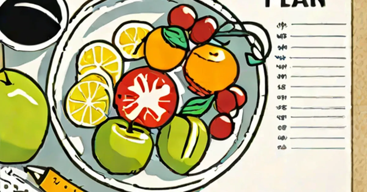 Plate illustrated with fresh fruits and vegetables including apples, oranges, lemon slices, and tomatoes