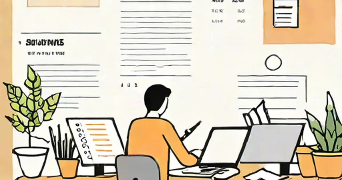 Person seated at desk working on laptop with office supplies and plants