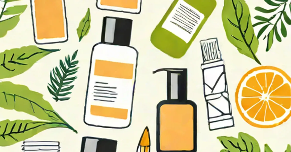 Skincare bottles and green leaves arranged on a cream background