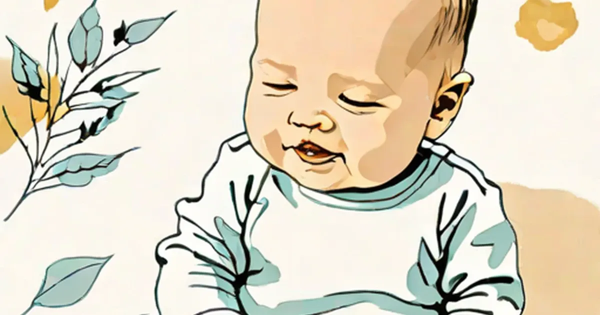 Smiling baby in white clothing surrounded by illustrated green leaves