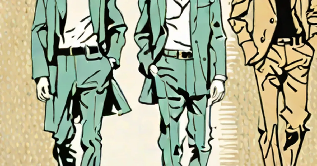 Illustrated men wearing green and tan 1980s business suits