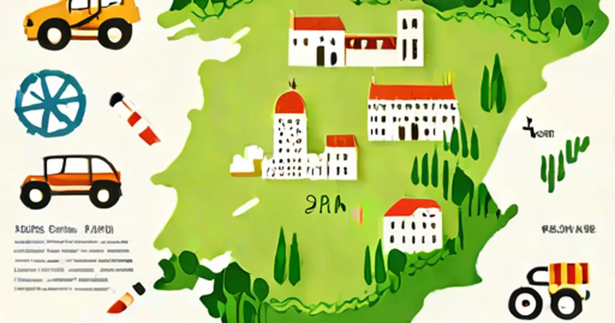 Stylized map of Spain with traditional white buildings, vehicles, and cypress trees