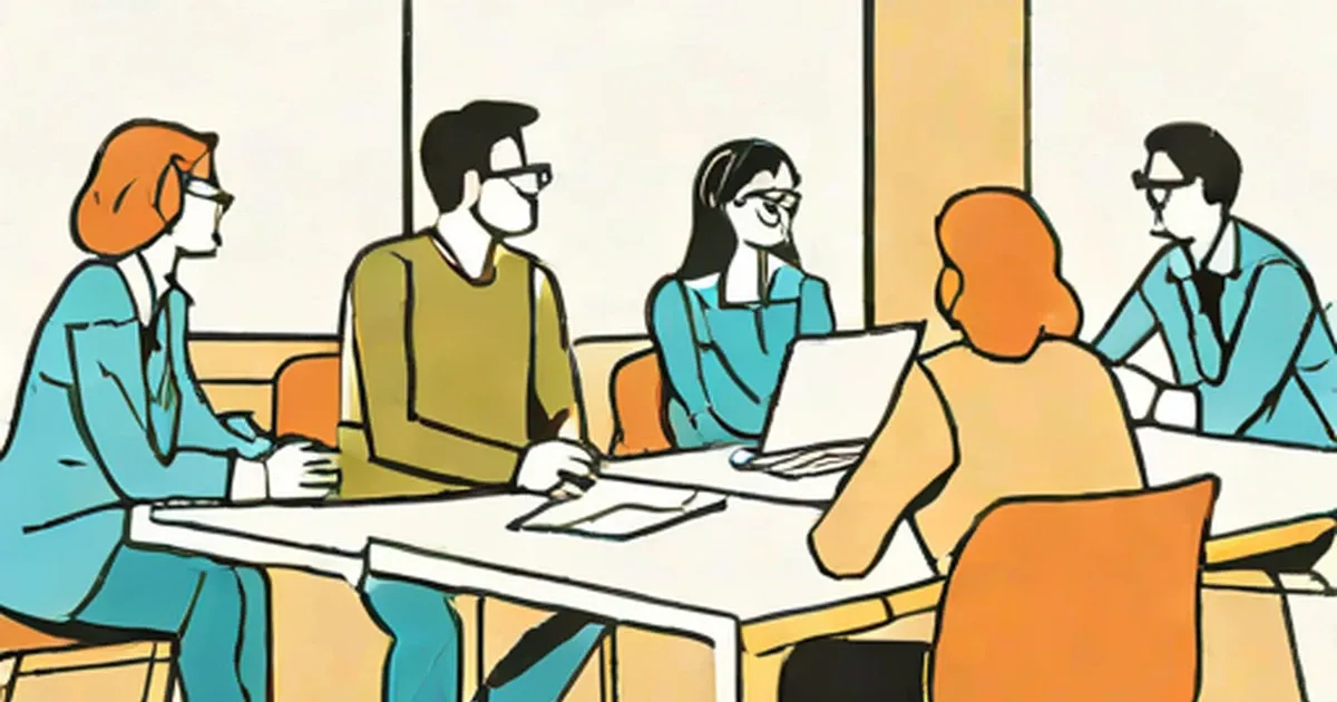 Five people in business attire having a discussion around a table