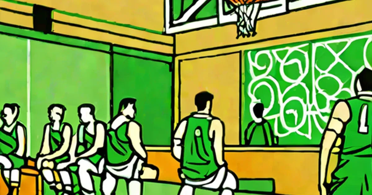 Illustration of basketball players in green jerseys on the bench