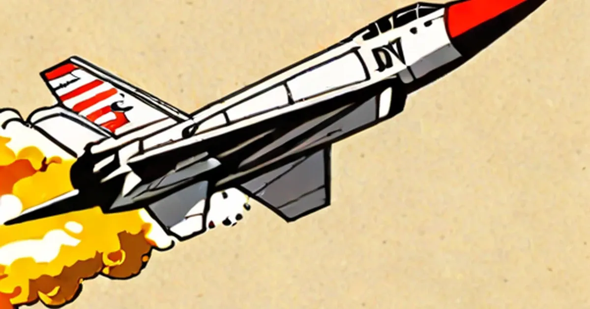 Cartoon missile with red striped tail launching through flame