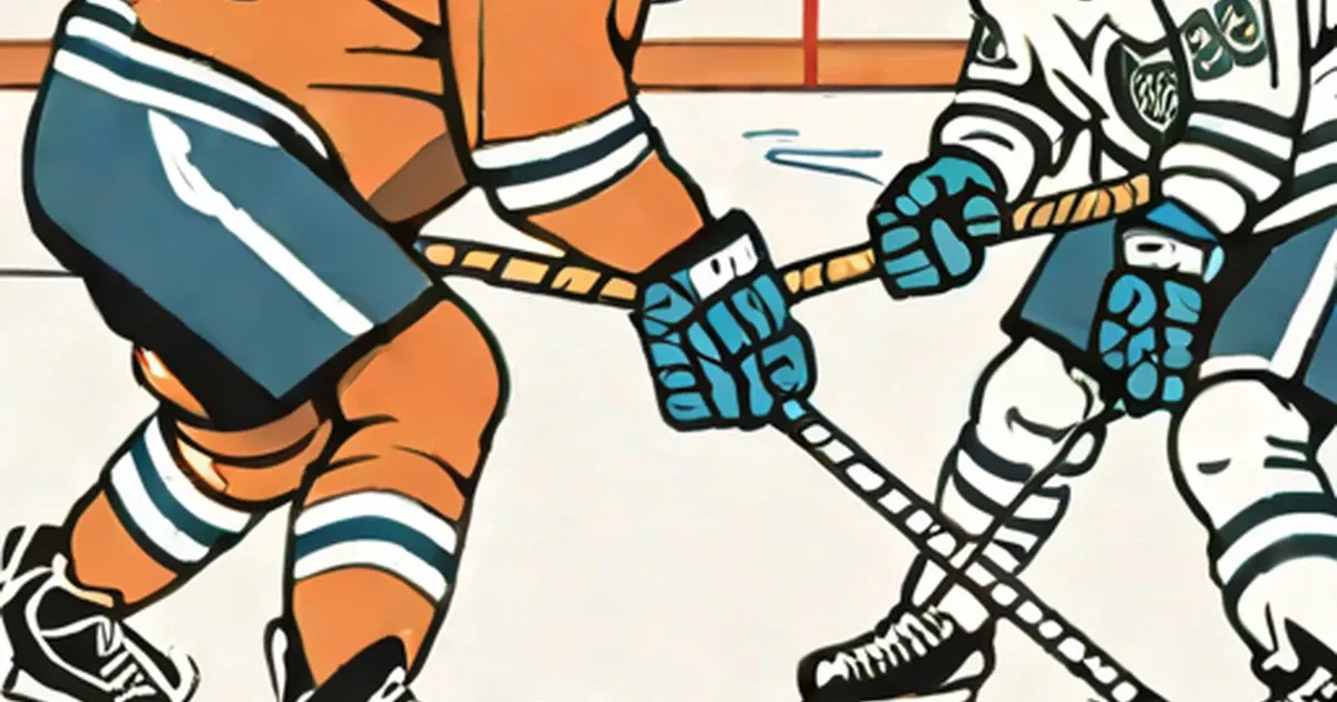 Two hockey players clash with sticks during a fight