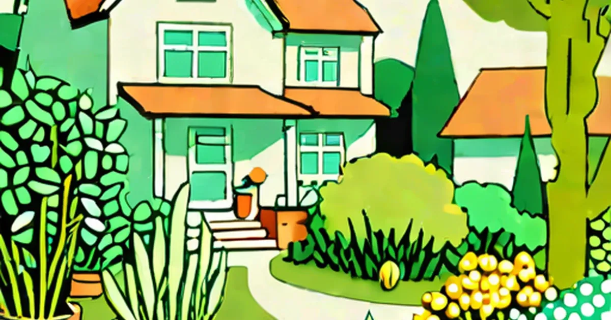 Illustrated backyard garden with house, potted plants, shrubs, and yellow flowers