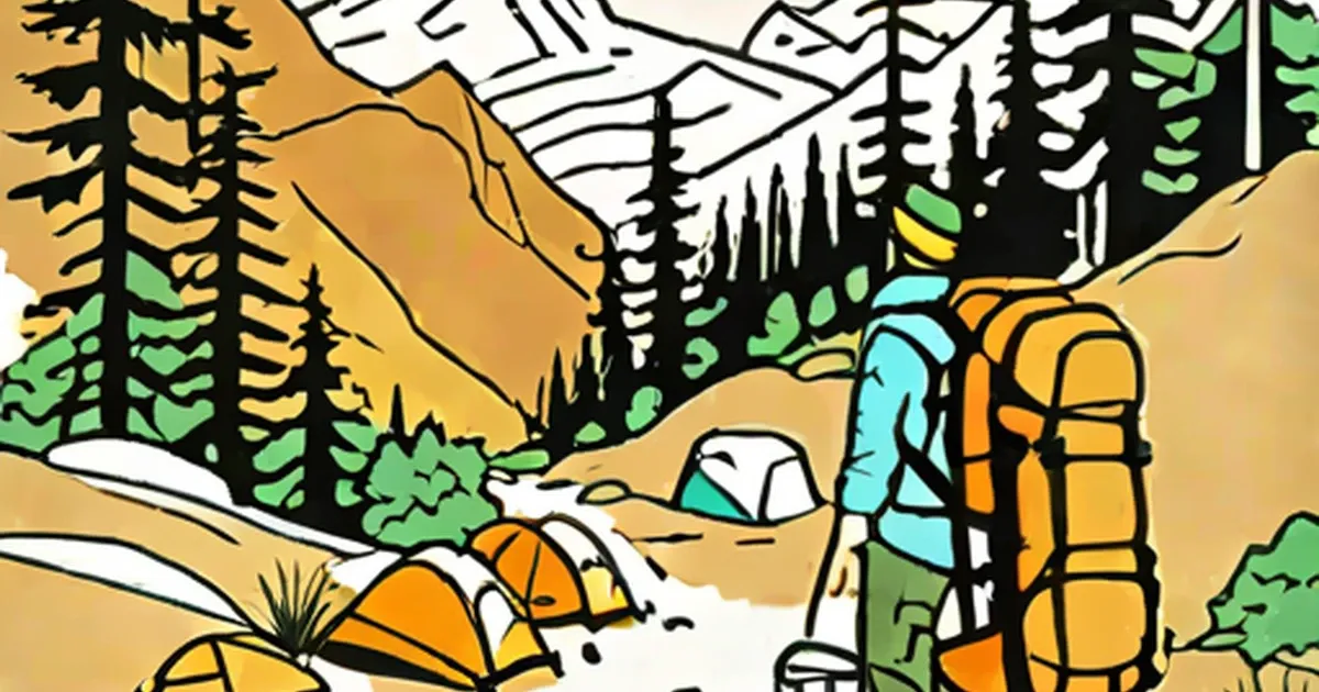 Illustrated mountain campsite with two yellow tents, backpacks, and evergreen trees