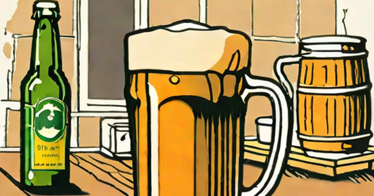 Green bottle, beer mug with foam, and wooden barrel indoors