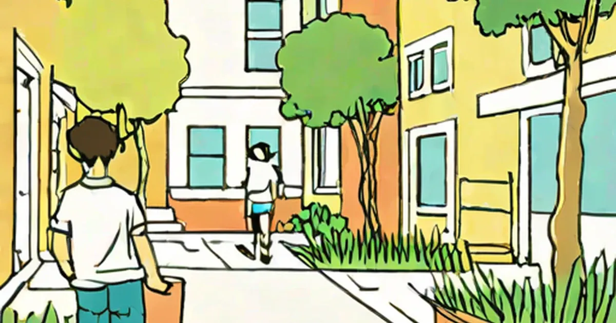 Two children play in a residential courtyard with trees and houses