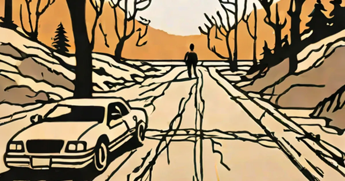Crashed car on a barren road with a figure standing alone in the distance