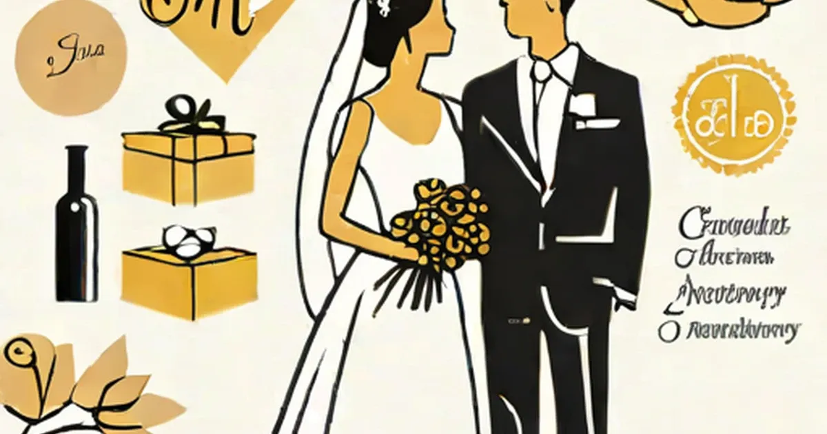 Bride and groom in formal wedding attire surrounded by gifts, wine, and flowers