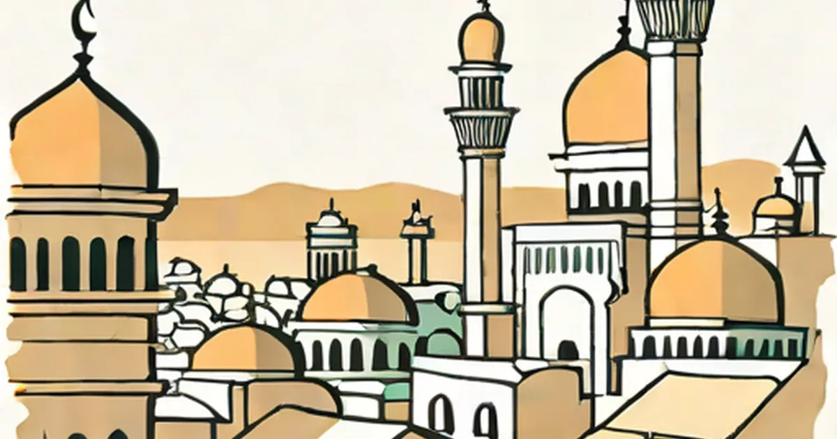 Illustration of Islamic mosques with golden domes and minarets