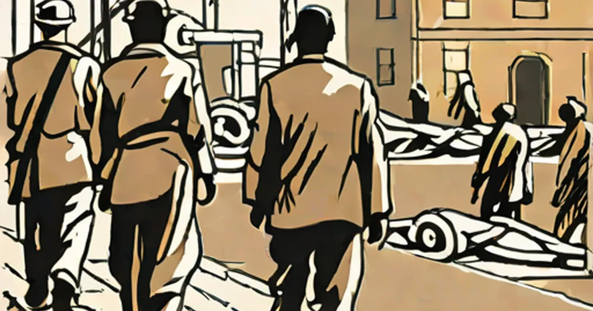 Illustration of enslaved people depicted in a colonial-era urban setting with buildings