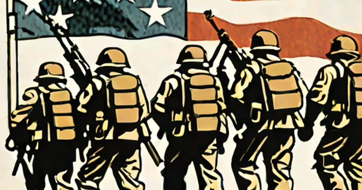 Illustrated Black soldiers in military gear and helmets beneath the American flag