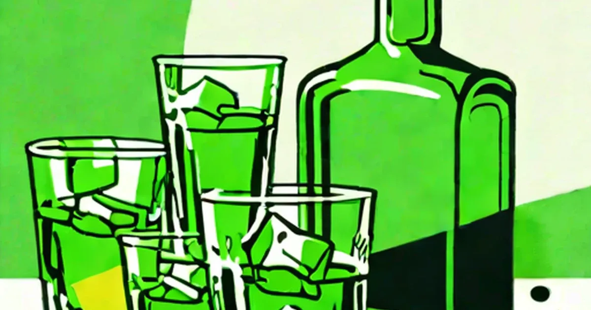 Illustration of absinthe glasses and bottle in bright green and black