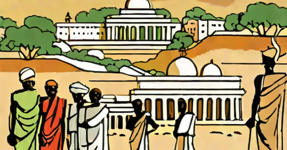 Classical African architecture with columned buildings and figures in traditional clothing