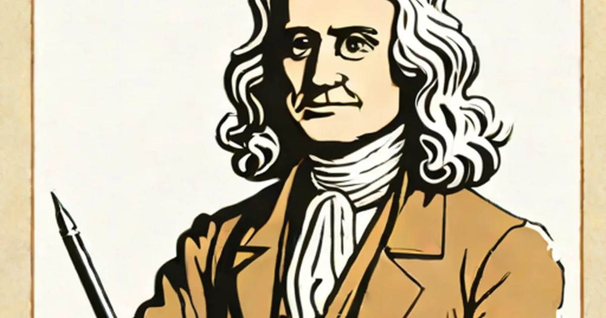 Isaac Newton in a gold jacket with white curled hair