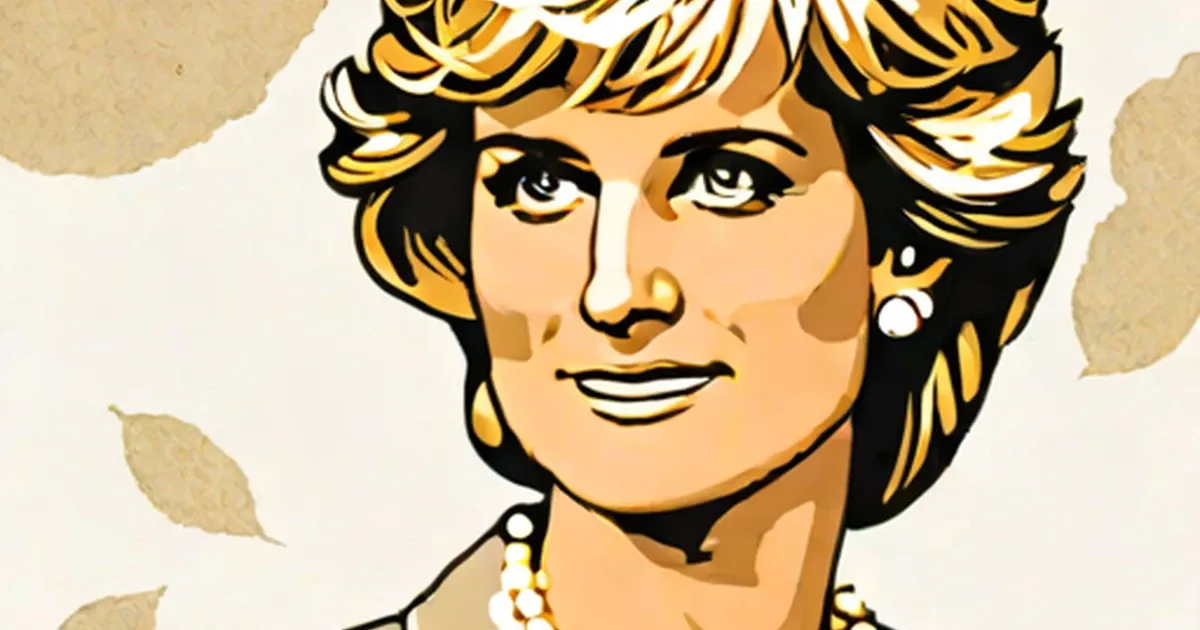 Illustrated portrait of Princess Diana with blonde hair and pearl jewelry