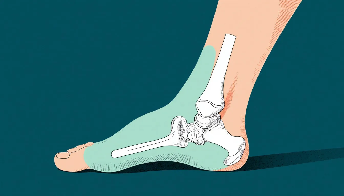 Stylized side view of a foot and ankle showing the bones, with the area behind the heel highlighted