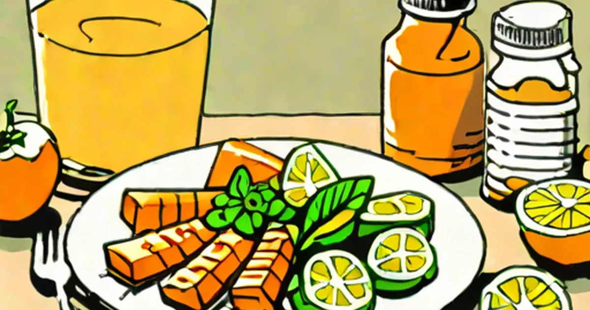 Plate with grilled protein, leafy greens, and lemon slices with orange juice, water bottle, and antacid