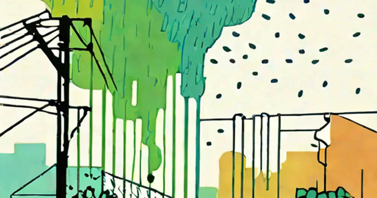 Dark rain falling on green vegetation and factory smokestacks in a polluted landscape