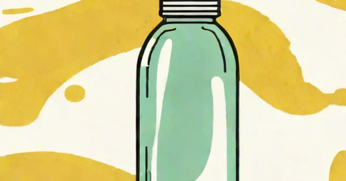 Glass bottle filled with turquoise liquid and black cap