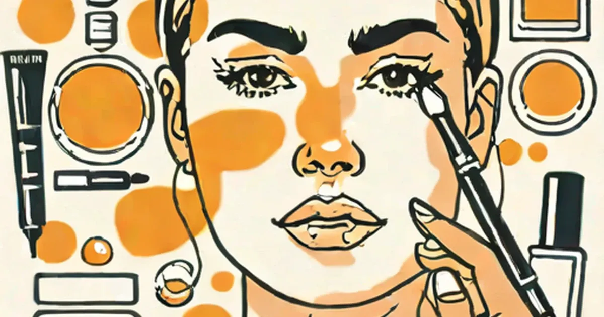 Woman with clear skin surrounded by skincare products and cosmetic tools