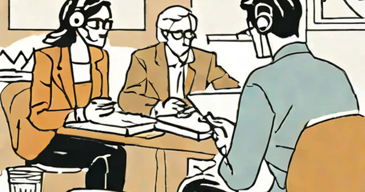 Professionals in business blazers seated at a table engaged in conversation
