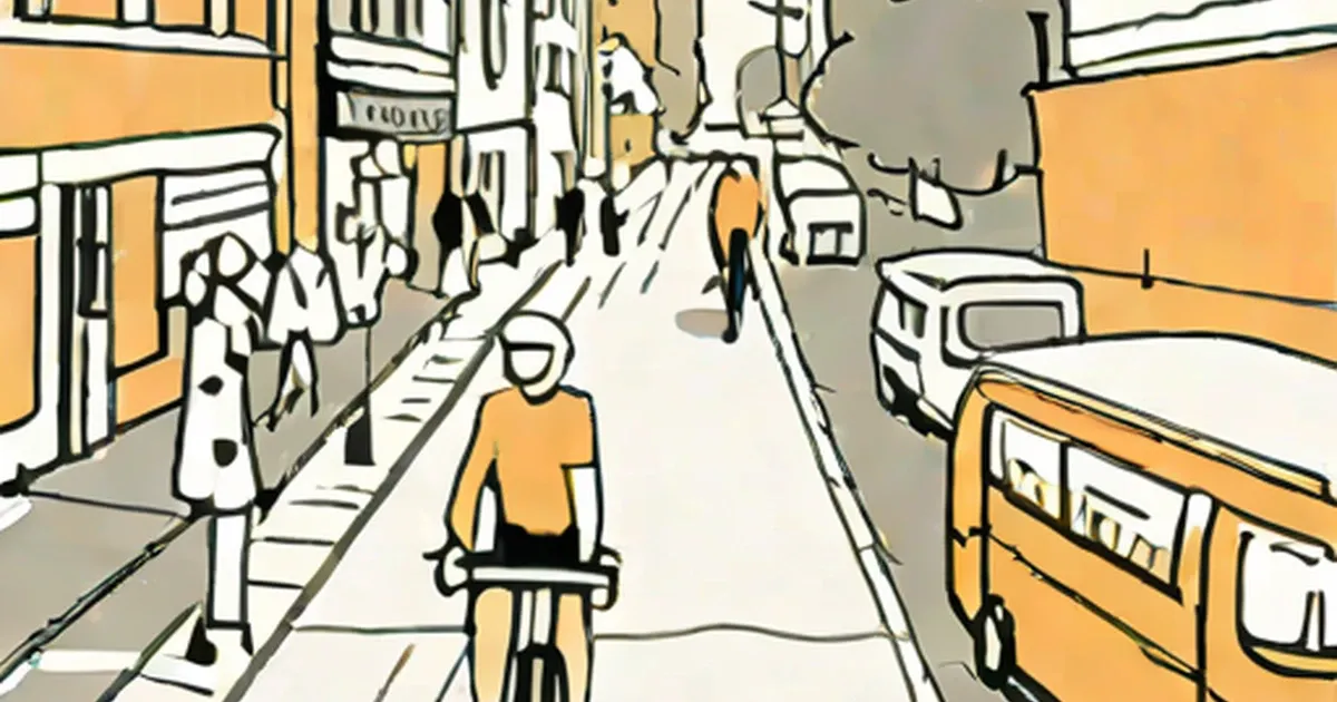 Person riding bicycle down urban street with buildings and parked cars