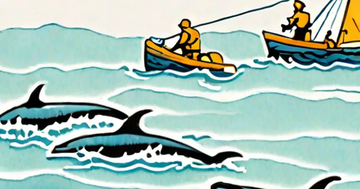 Fin whales in the ocean with boats and people in yellow jackets above