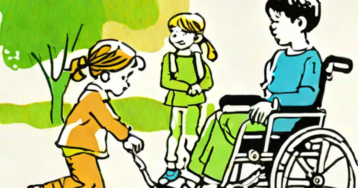 Three children play together outdoors, one using a wheelchair